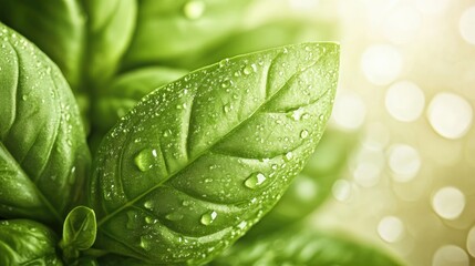 Poster - Close-up of fresh basil leaves with water droplets on surface and blurred background featuring soft golden light and bokeh Copy Space
