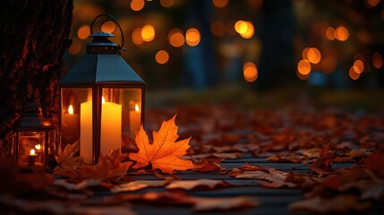 Poster - Autumn scene with candles in lanterns on wooden surface surrounded by fall leaves and bokeh lights Copy Space