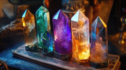 Poster - Colorful quartz crystal obelisks illuminated against a dark background with natural textures and light reflections Copy Space