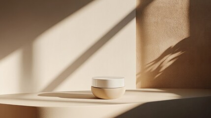 Poster - Minimalistic skincare jar on a beige background with soft shadows and light highlights Copy Space