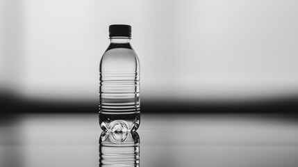 Poster - Clear plastic water bottle with black cap positioned on reflective surface with blurred background and ample copy space for text.