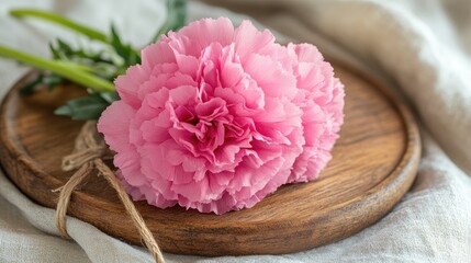 Poster - Pink carnation flower arrangement on a wooden serving board with natural fabric background and copy space for text.
