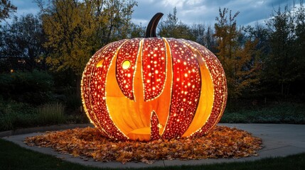 Poster - Illuminated pumpkin sculpture with intricate design surrounded by autumn leaves at dusk in a park setting Copy Space