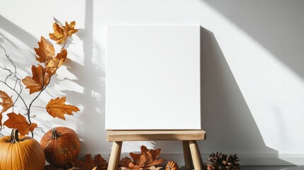 Poster - Empty canvas on an easel with autumn leaves and pumpkins in a sunlit setting Copy Space