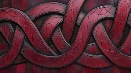 Poster - Intricate red and dark wooden textured background with braided pattern ideal for artistic designs Copy Space