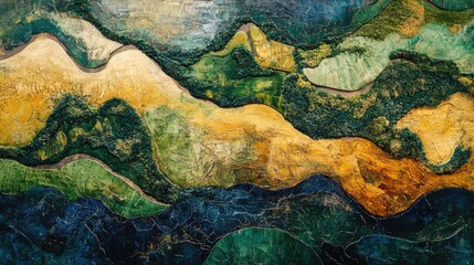 Poster - Abstract textured landscape artwork featuring layers of green, yellow, and blue hues with rich details and Copy Space for text placement.