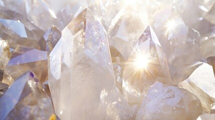 Poster - Close-up of shiny quartz crystals with reflections and sunlight glowing through facets Copy Space