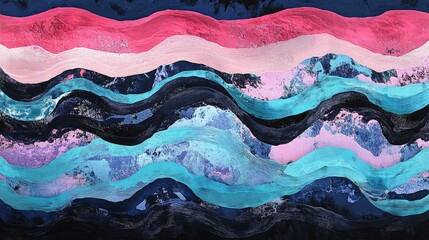 Poster - Colorful abstract wave pattern with bold brush strokes in pink, blue, and black tones against a dark background; Copy Space available.