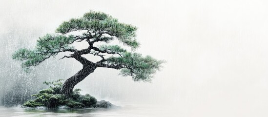 Poster - Lone pine tree on rocky shore with misty background and soft light Copy Space for text placement