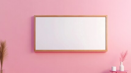 Poster - Empty wooden frame on pink wall with decorative plants and white vases displaying copy space for text or artwork