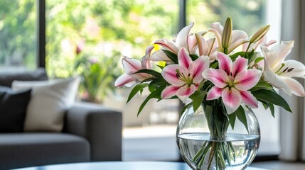 Poster - Fresh cut pink and white lilies in a clear glass vase on a table with modern living room background Copy Space