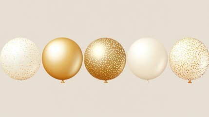 Poster - Colorful assortment of decorative balloons in gold and white with confetti on a light background with copy space for text
