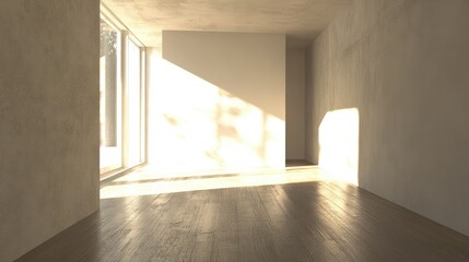 Poster - Empty modern interior room with natural light streaming through large windows and minimalist design elements, Copy Space available
