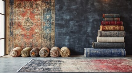 Wall Mural - Interior scene featuring various rolled rugs stacked against a dark wall with a large vintage rug on the floor and ample copy space.