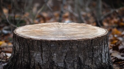 Poster - Tree stump with visible growth rings and textured bark in a forest setting with soft blurred background and autumn leaves on the ground Copy Space