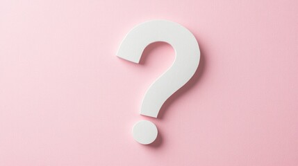 Poster - White question mark on a pastel pink background with copy space for text placement.