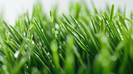 Poster - Close-up of fresh green grass blades with dew drops illuminated by natural light Copy Space