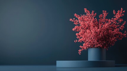 Poster - Modern floral arrangement with pink branches in a round gray pot against a dark background with Copy Space