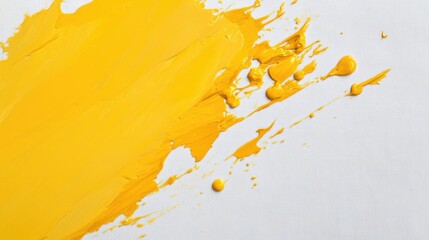 Poster - yellow paint texture on white background with paint splatters and drips featuring ample copy space.