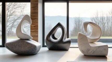 Poster - modern abstract stone sculptures in minimalist interior setting with large windows and natural light