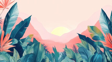 Poster - Tropical foliage landscape with sunset background and soft pastel colors featuring ample copy space for text placement.