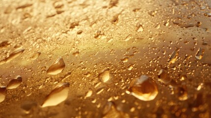 Poster - close-up of water droplets on a textured surface with a golden hue and soft lighting features copy s