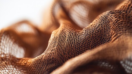 Poster - Brown textile fabric texture with mesh pattern and soft folds providing a sense of depth and dimension Copy Space
