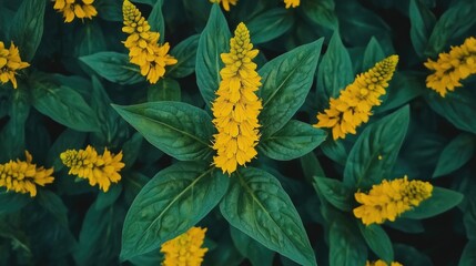 Poster - Yellow flowering plant with green leaves overhead view Copy Space