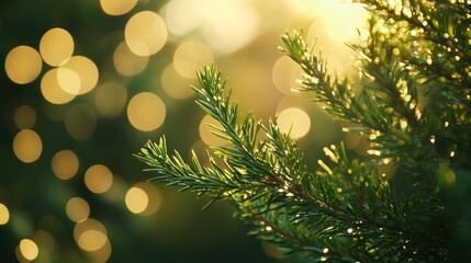 Poster - Close-up of evergreen branch with bokeh background of soft golden lights and blurred foliage in warm sunlight Copy Space