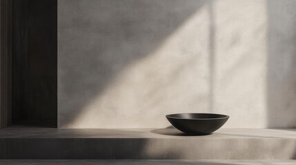 Poster - Minimalistic interior scene featuring a black bowl on a concrete surface with soft lighting and copy space for text.