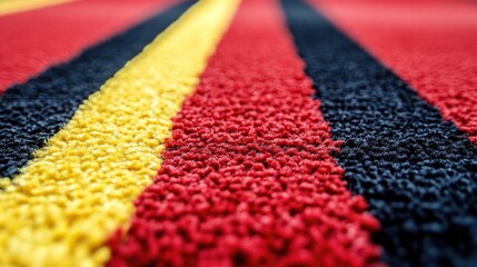 Poster - Close-up view of a textured carpet with red, yellow, and black stripes showcasing fiber detail and color contrast, Copy Space available