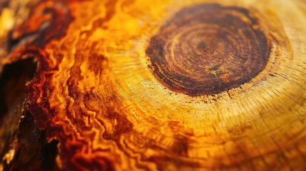 Poster - Close-up of polished wooden slice with intricate grain patterns and warm golden hues ideal for background with Copy Space