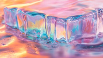 Poster - Colorful translucent ice block on a reflective surface with soft pastel hues and Copy Space for text placement