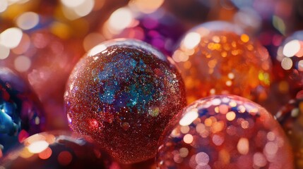Poster - colorful glittering glass spheres with bokeh background and copy space for text placement