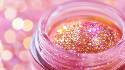 Poster - Close-up of glitter in a transparent jar with a pink background and bokeh effect, suitable for beauty and cosmetics themes, Copy Space.