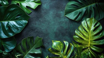 Poster - Tropical green leaves border on textured dark background with copy space for text or graphics
