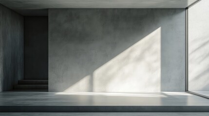 Poster - Empty modern interior space with concrete walls and large window casting natural light creating diagonal shadows Copy Space