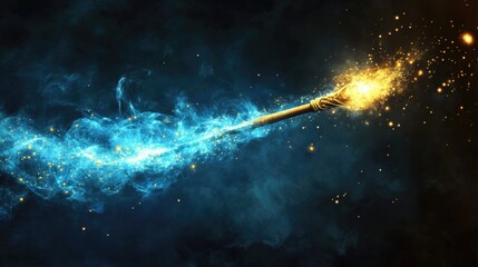 Poster - Magical golden wand emitting sparkling blue and golden light against dark cosmic background with Copy Space
