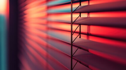 Poster - Close-up of window blinds with soft focus and warm color tones during sunset, showcasing light patterns and Copy Space for text.