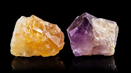 Poster - Yellow and purple quartz crystals on a black background highlighting natural mineral textures with Copy Space for text placement