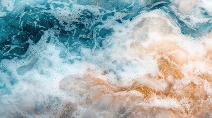 Poster - Abstract aerial view of ocean waves mixing turquoise and sandy tones with white foam textures Copy Space