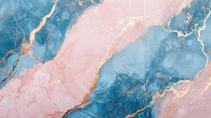 Poster - Abstract marble texture background with pink and blue hues and golden veins. Copy Space available for text placement.