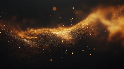 Poster - Gold dust particles in a swirling pattern on a dark background creating a sense of depth and texture with Copy Space for design use.