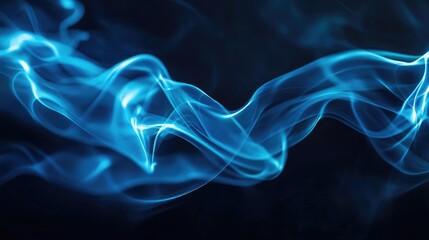 Poster - Blue smoke or vapor waves on a dark background with smooth flowing lines and Copy Space for text placement