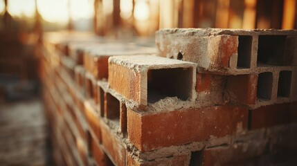 Poster - Close-up of stacked bricks on a construction site during sunset with warm lighting and blurred background Copy Space