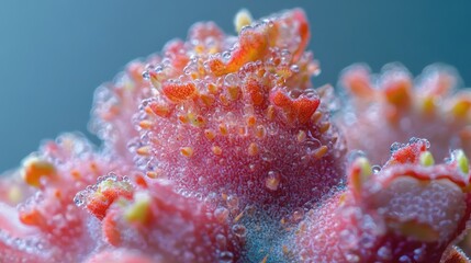 Poster - Close-up view of colorful coral with water droplets showcasing intricate texture and vibrant colors on a blurred background Copy Space