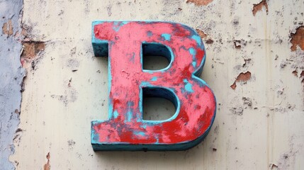 Poster - Vibrant red and blue capital letter B against a weathered muted background with ample empty copy space for text and artistic design elements.