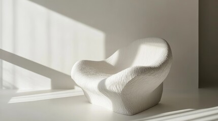 Poster - Modern sculptural white chair with textured surface set against minimalist white background and dramatic shadows Copy Space