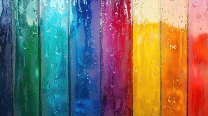 Poster - Colorful vertical glass panels with water droplets and reflections against a blurred background Copy Space