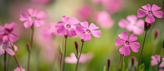 Poster - Delicate pink spring wildflowers in macro detail set against a soft green blurred background with ample space for text overlay.